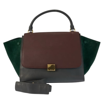 美品 CELINE セリーヌ トラペーズ バーガンディ グレー グリーン レザー スウェード/ ハンドバッグ ショルダーバッグ 2way 601514 【中古】