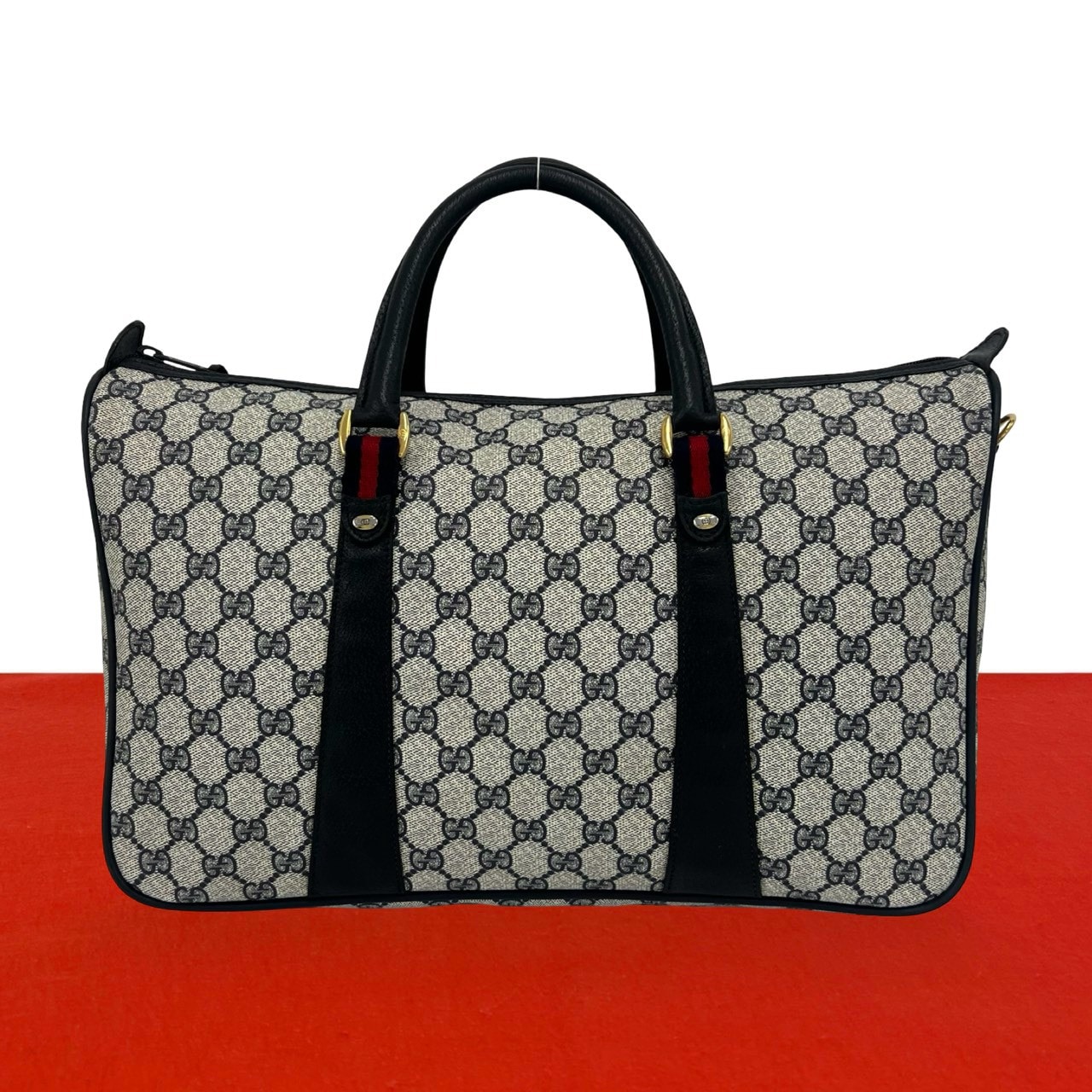 GUCCI グッチ シェリーライン GG ロゴ 柄 レザー PVC ハンドバッグ ネイビー
 06889