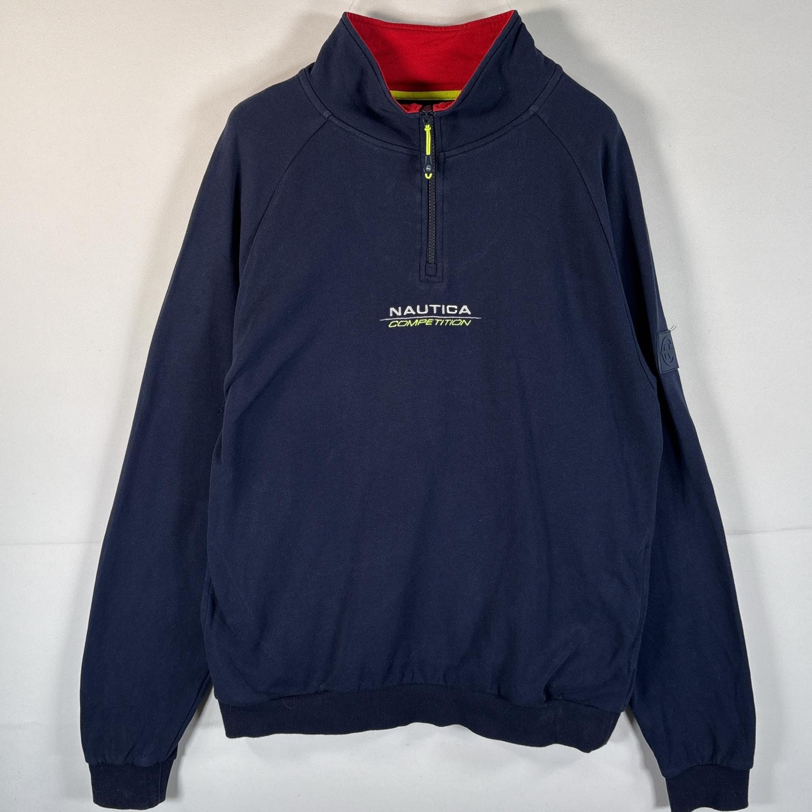 古着 ノーティカ NAUTICA スウェット ハーフジップ トレーナー ワンポイントロゴ ラグラン ポケット 大きいサイズ XL  ネイビー メンズ