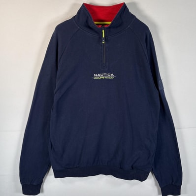 古着 ノーティカ NAUTICA スウェット ハーフジップ トレーナー ワンポイントロゴ ラグラン ポケット 大きいサイズ XL ネイビー メンズ
