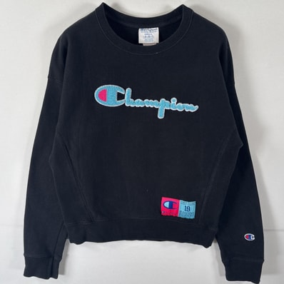 古着 チャンピオン Champion スウェット リバースウィーブ トレーナー クルーネック ビッグロゴワッペン SMALL ブラック レディース