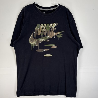 古着 ナイキ NIKE 半袖Tシャツ センター プリント ロゴ 迷彩 クルーネック 肉厚 L ブラック メンズ