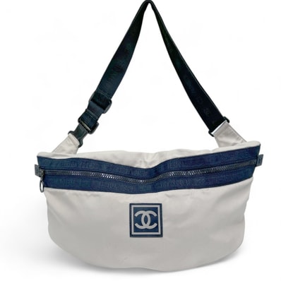 CHANEL 希少 シャネル スポーツライン ココマーク ロゴ ビッグ ボディバッグ 7番台シリアル ナイロン 化学繊維 ベージュ ブラック ドラムバッグ ウエストバッグ ショルダーバッグ クロスボディ Bランク 中古 鑑定済 シャネルバッグ