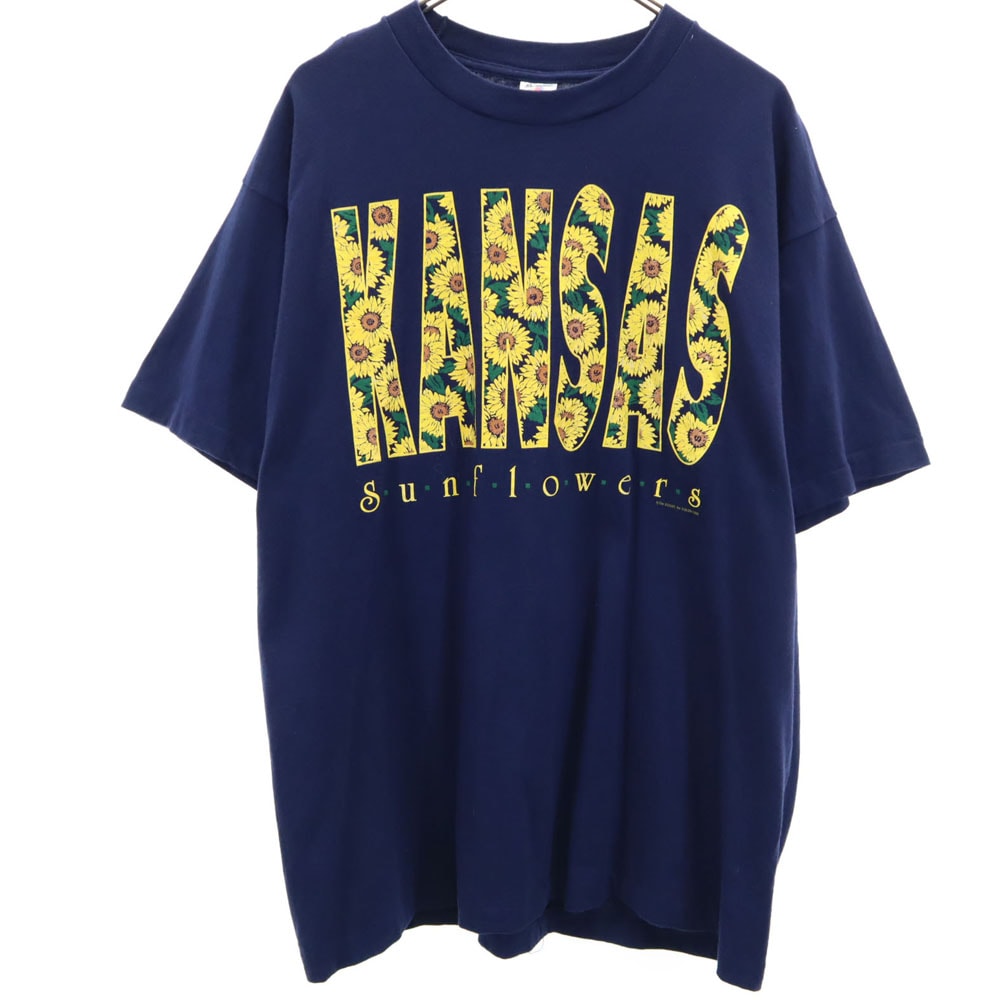FRUIT OF THE LOOM フルーツオブザルーム 90s USA製 プリント 半袖 KANSAS ヒマワリ Tシャツ XL ネイビー系 オールド ヴィンテージ