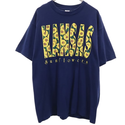 FRUIT OF THE LOOM フルーツオブザルーム 90s USA製 プリント 半袖 KANSAS ヒマワリ Tシャツ XL ネイビー系 オールド ヴィンテージ