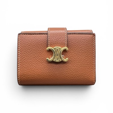CELINE 極美品 セリーヌ ファイン ストラップウォレット ニノ トリオンフ 三つ折り財布 10M963 レザー ブラウン ゴールド コンパクトウォレット ミニ財布 Aランク 中古 鑑定済 セリーヌ財布【定価92,400円】