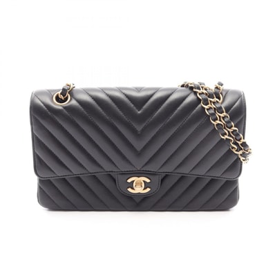 シャネル CHANEL シェブロン Vステッチ Wフラップ ショルダーバッグ バッグ ラムスキン(羊革) レディース ブラック系 【中古】