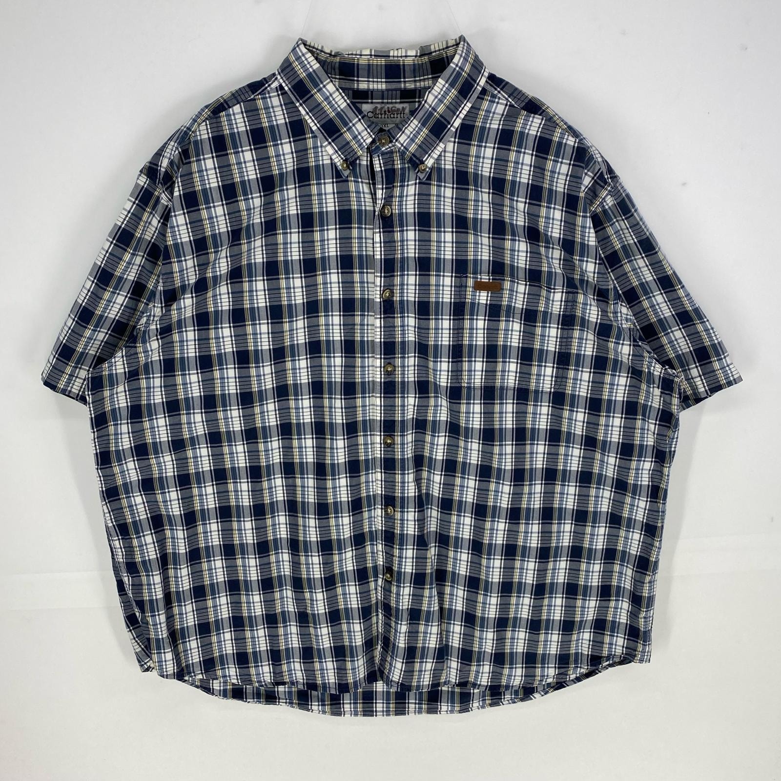 古着 カーハート Carhartt 半袖シャツ ワーク ボタンダウン 胸ポケット ショートスリーブ 3XL  ネイビー系 チェック メンズ