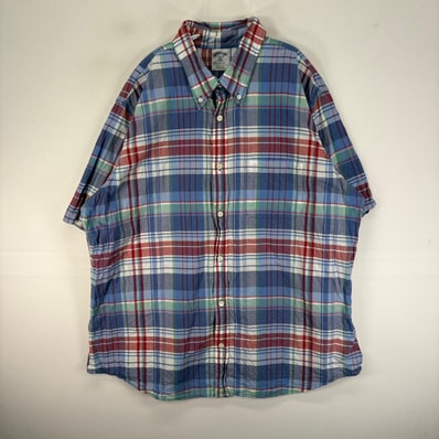 古着 ブルックスブラザーズ Brooks Brothers 半袖シャツ ボタンダウン 胸ポケット XL ブルー系 チェック メンズ