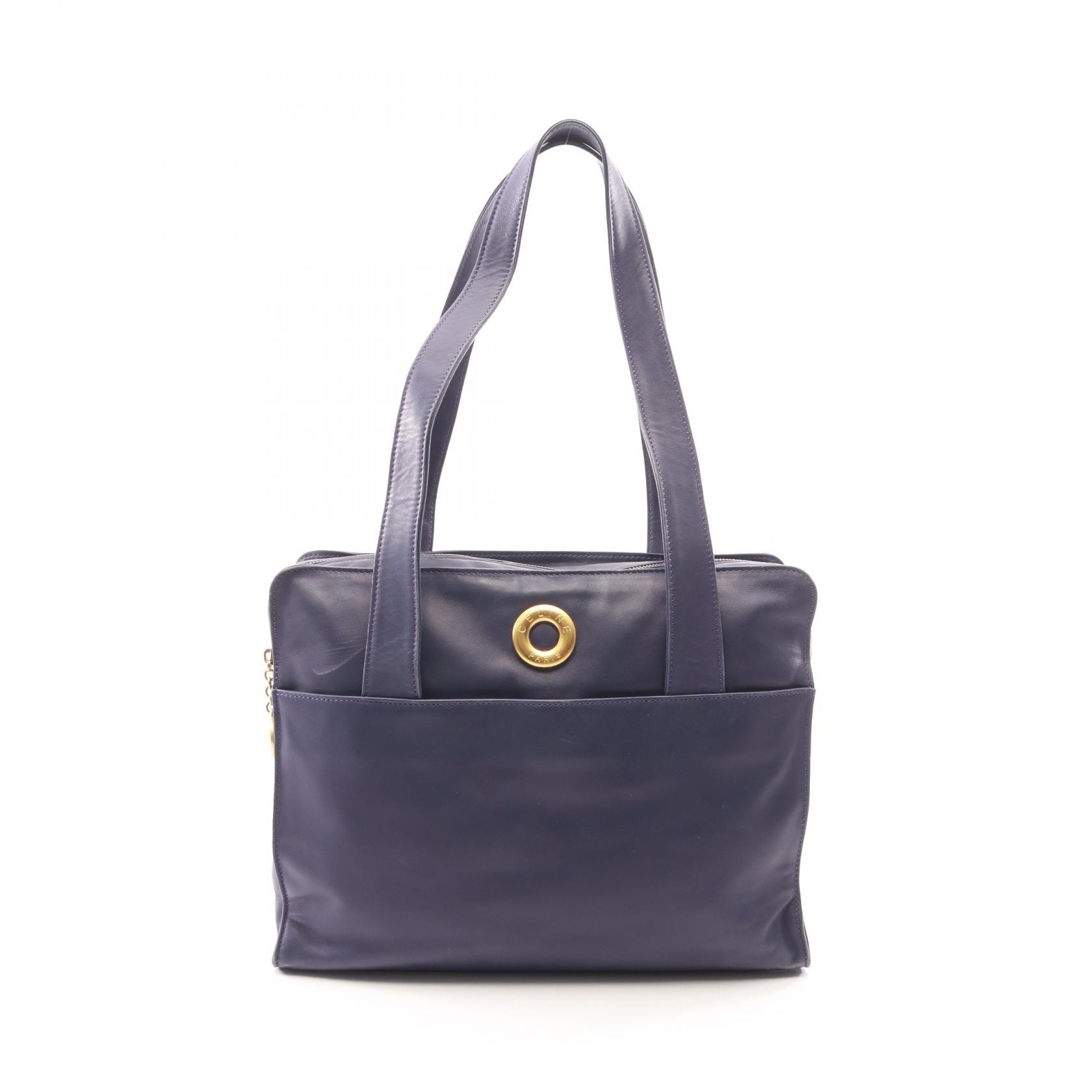 セリーヌ CELINE サークルロゴ トートバッグ バッグ レザー レディース ネイビー系 【中古】