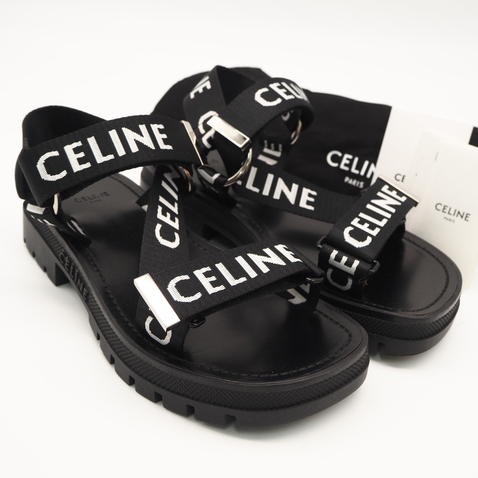 極美品 CELINE セリーヌ レオ ストラッピー ストラップ ジャガードロゴ サンダル 7.5 24 346742208C38A サンダル ブラック ホワイト ラバー レディース
