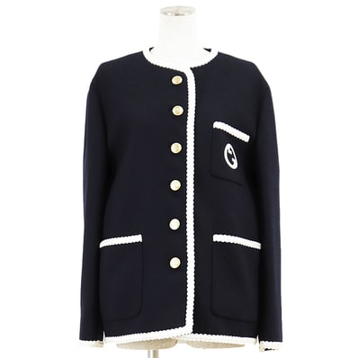【未使用】GUCCI グッチ ジャケット ウール × ナイロン サイズ 40 レディース 2025年製 GG ロゴ インターロッキング 金ボタン エンブロイダリー 刺繍 アウター タグ・ハンガー付属 ネイビー 紺 イタリア製