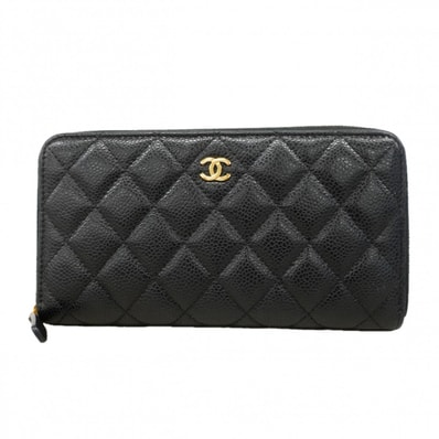 【6dd5370-k】シャネル 長財布 マトラッセ キャビアスキン ブラック ゴールド金具【中古】レディース