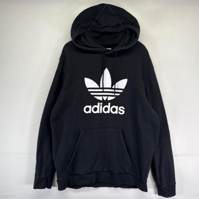 古着 アディダス adidas パーカー プルオーバー トレフォイルロゴ スウェット フーディ ブラック系 メンズ