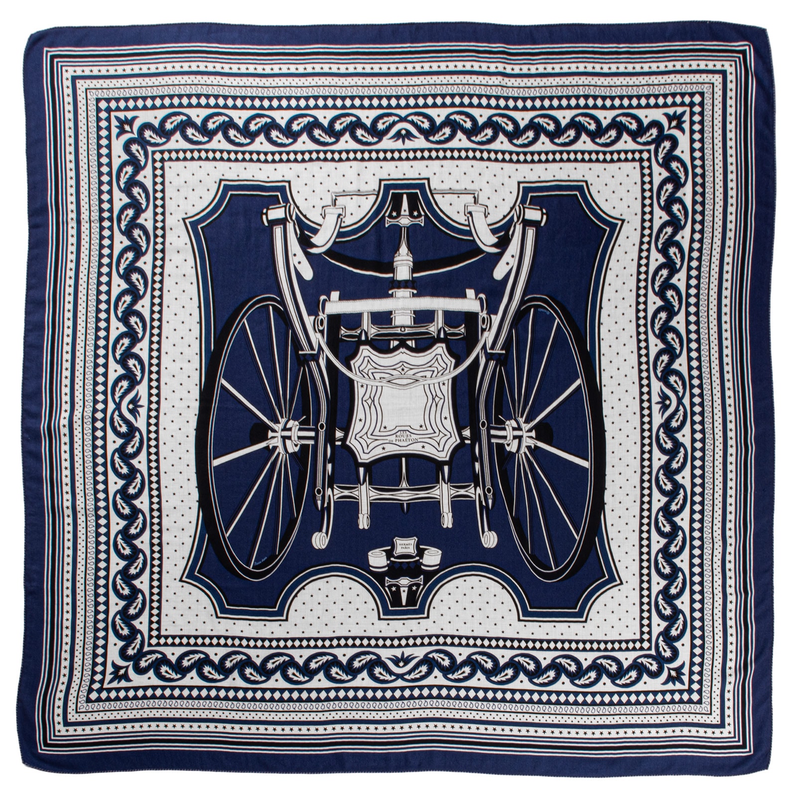 HERMES エルメス スカーフ カレ140 カレジェアン Les Roues de Phaeton Bandana 四輪馬車の車輪 244170S 06 カシシル ストール ショール カシミヤ・シルク ネイビー ベージュ【中古】