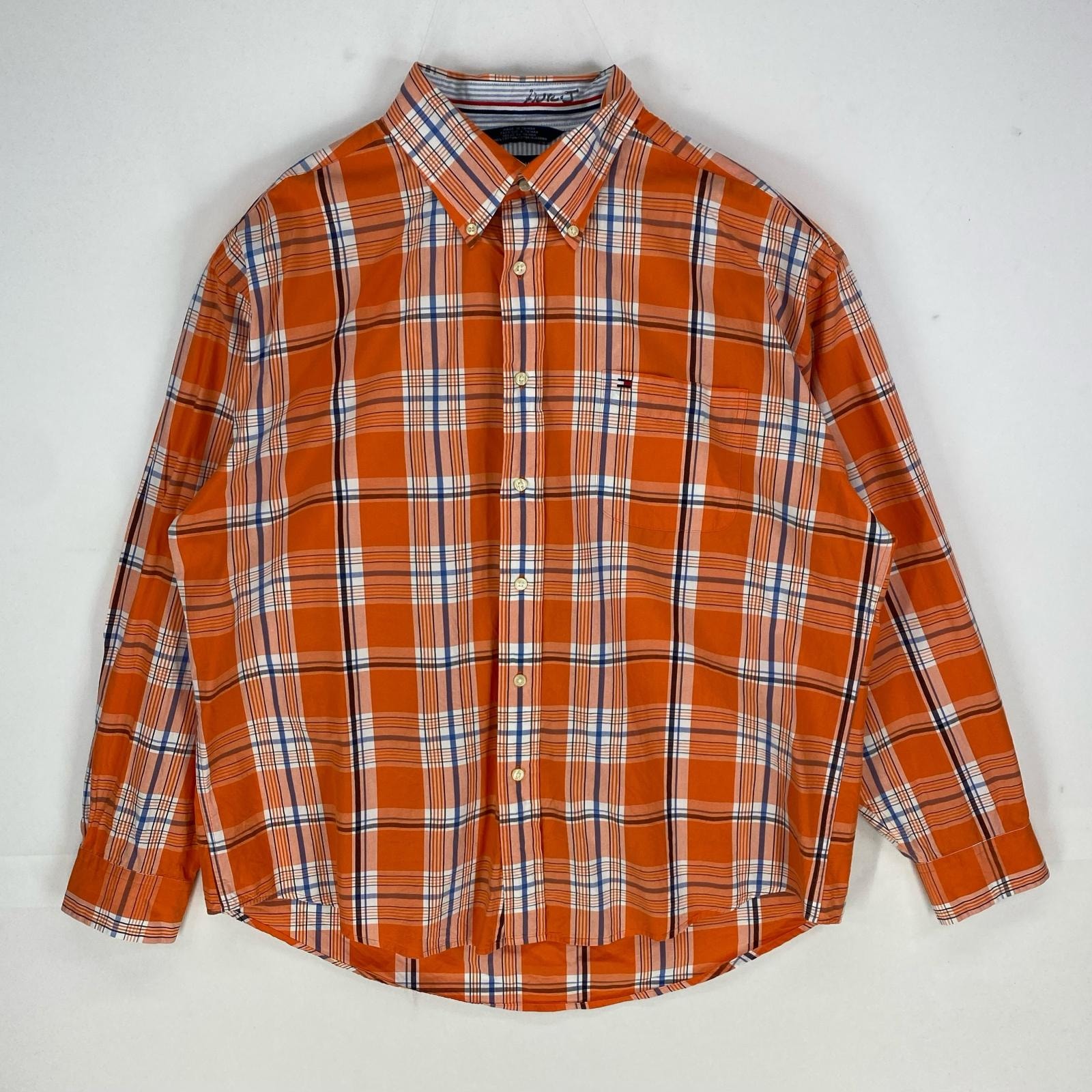 古着 トミーヒルフィガー TOMMY HILFIGER 長袖シャツ ボタンダウン 胸ポケット ワンポイント XL  オレンジ系 チェック メンズ