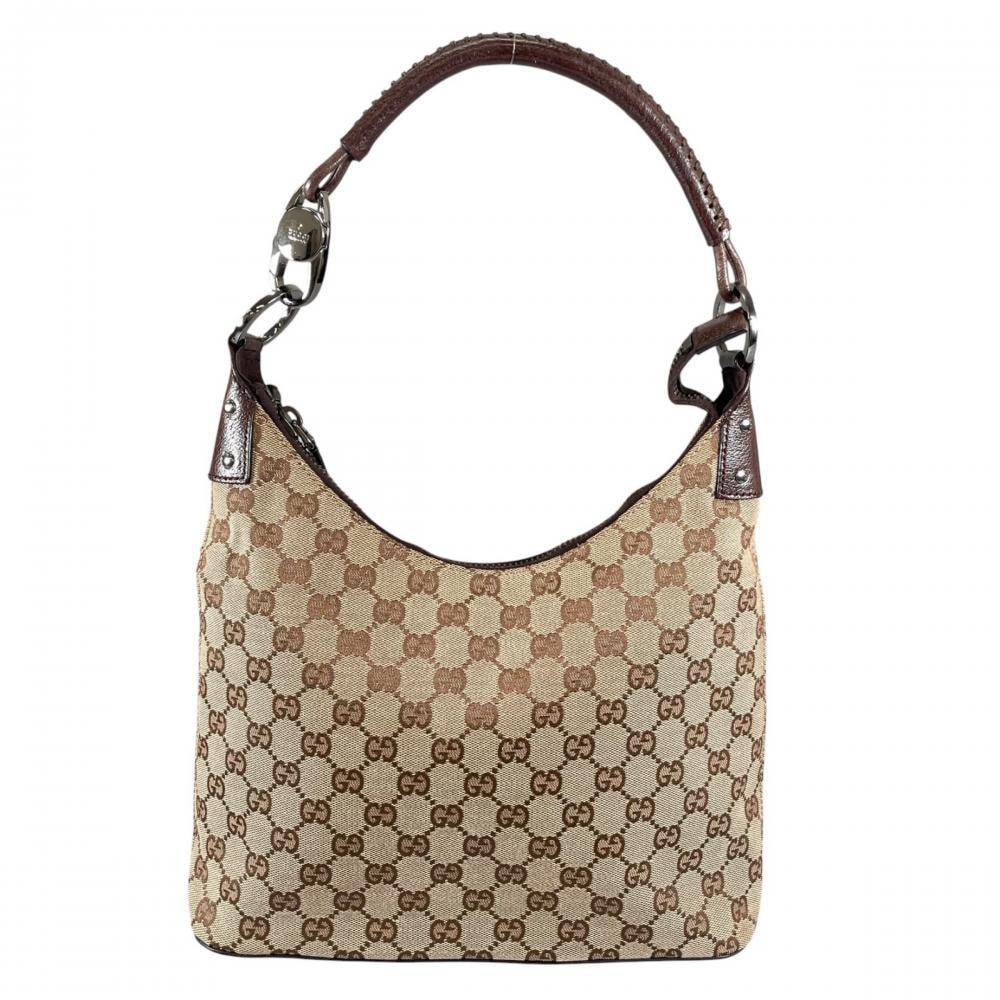 GUCCI グッチ ショルダーバッグ トートバッグ 115003 GGキャンバス  レザー   ブラウン 茶 シルバー金具 レディース【中古品】