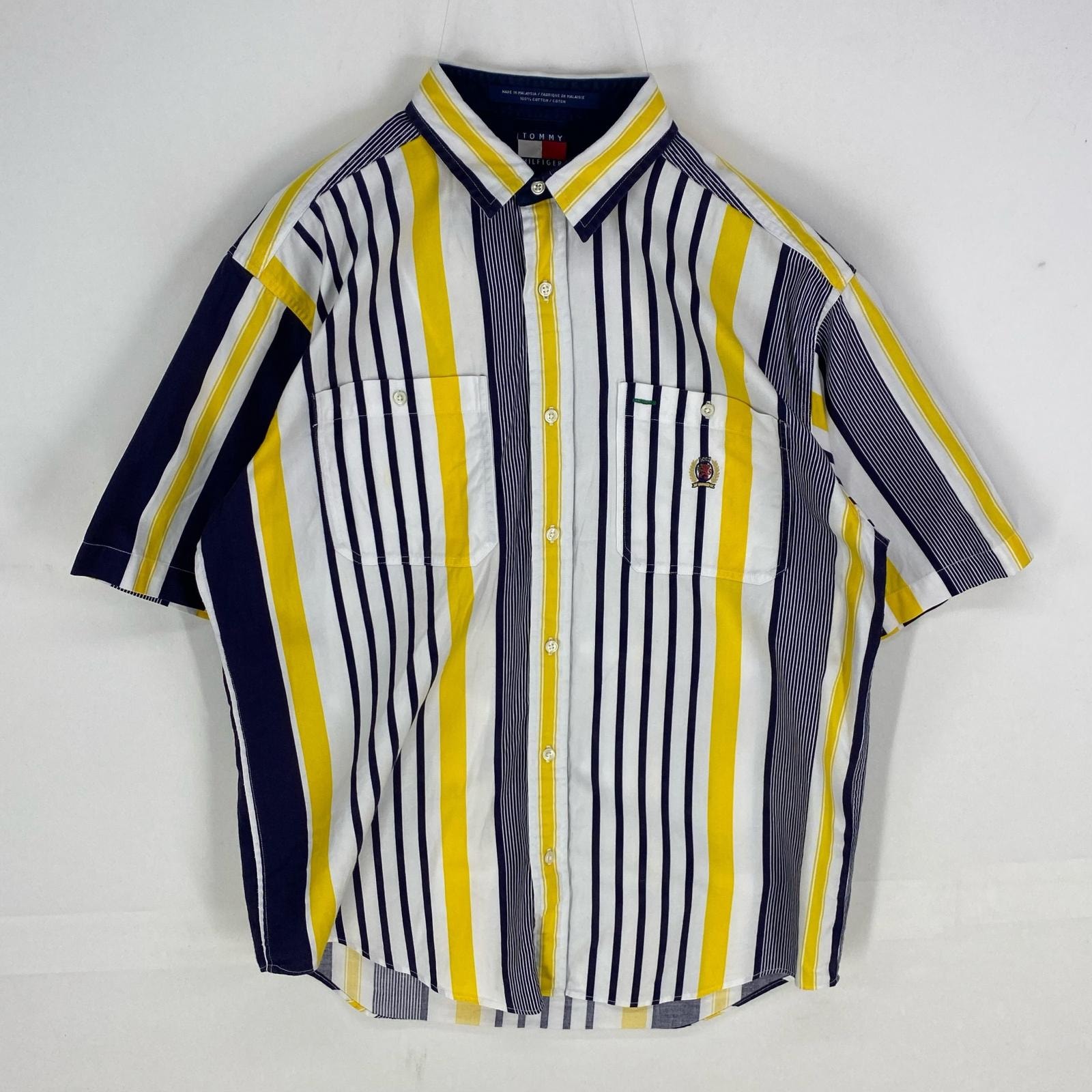 古着 トミーヒルフィガー TOMMY HILFIGER 半袖シャツ ワンポイント 胸ポケット L  ホワイト系 ストライプ メンズ