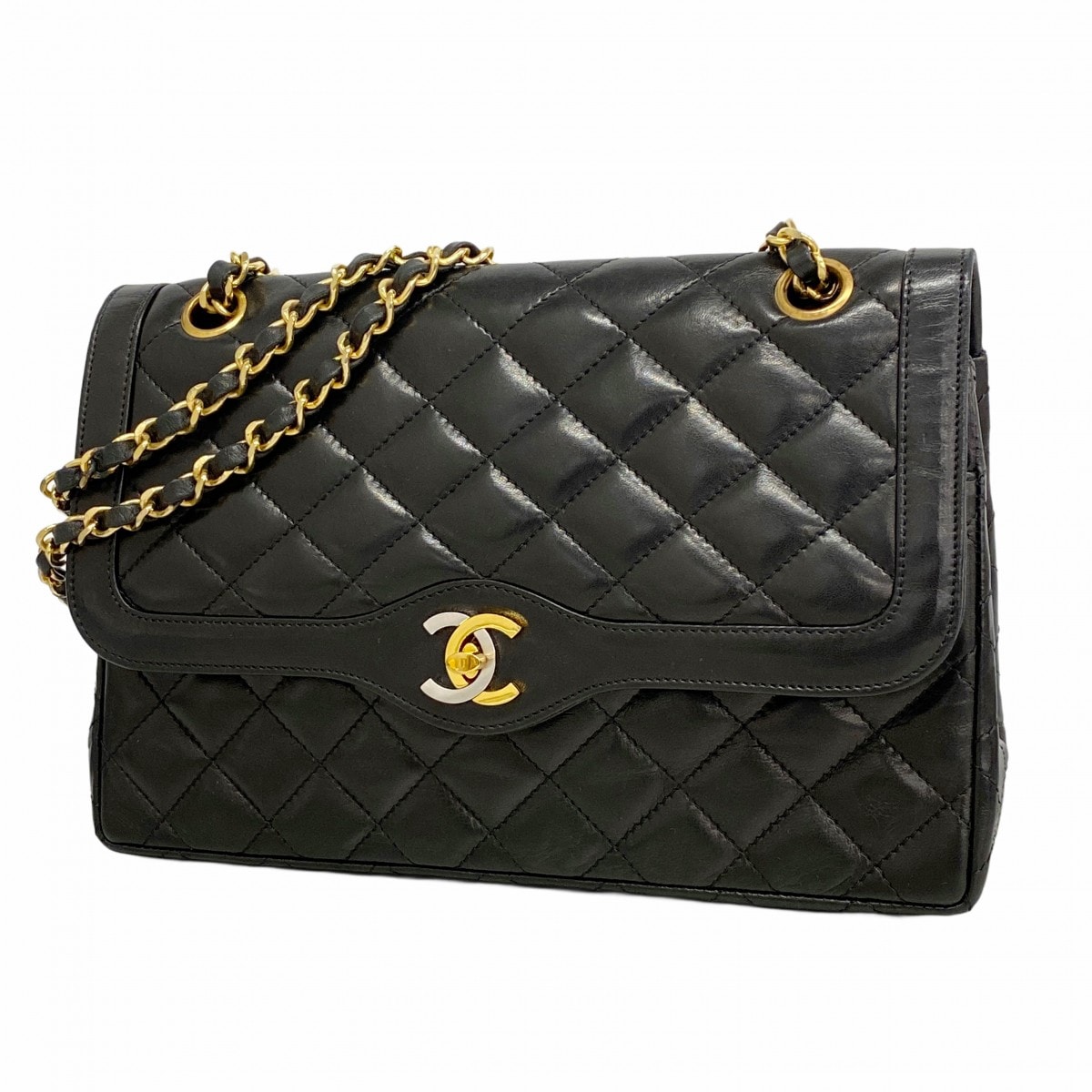 【6da0186-k】シャネル ショルダーバッグ マトラッセ/パリ限定 Wフラップ Wチェーン ラムスキン ブラック ゴールド/シルバー金具【中古】レディース