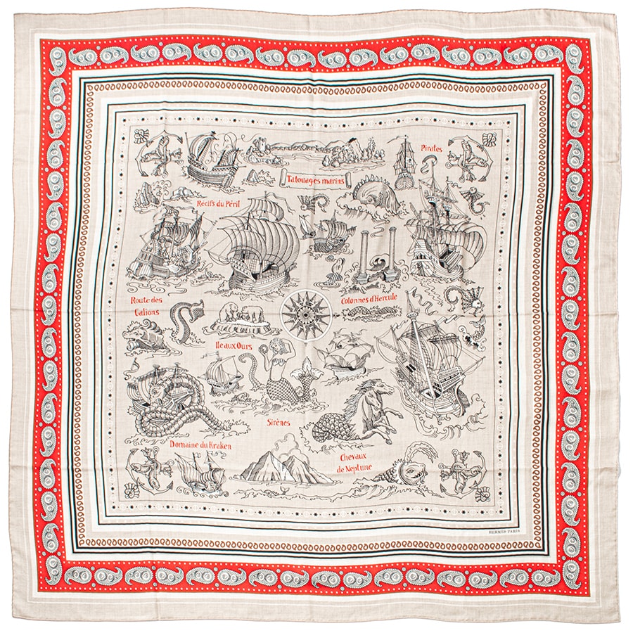 【未使用】HERMES エルメス スカーフ カレ140 カレジェアン Tatouages Marins Bandana 船乗りのタトゥー バンダナ 243374S 06 カレ140 2024SS カシミヤ シルク ベージュ レッド【中古】