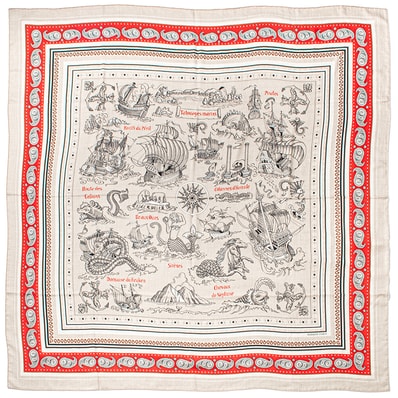【未使用】HERMES エルメス スカーフ カレ140 カレジェアン Tatouages Marins Bandana 船乗りのタトゥー バンダナ 243374S 06 カレ140 2024SS カシミヤ シルク ベージュ レッド【中古】