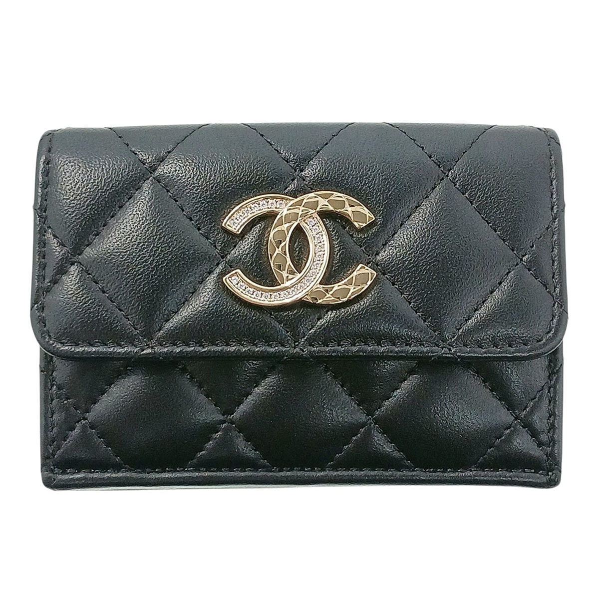 CHANEL シャネル マトラッセ コンパクトウォレット ラインストーン 三つ折り財布 AP4338 ラムスキン レザー ブラック シルバー レディース【中古】