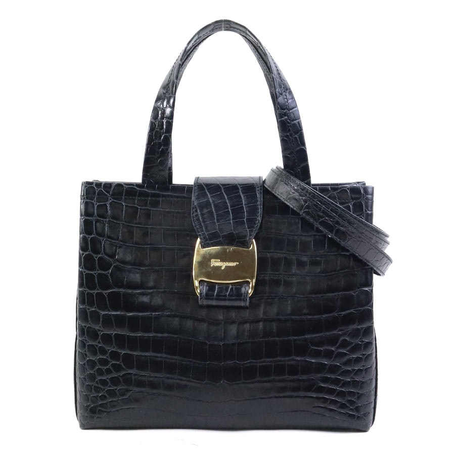 サルヴァトーレフェラガモ Salvatore Ferragamo ハンドバッグ ショルダーバッグ ヴァラ 型押しレザー ブラック レディース【中古】 56551k