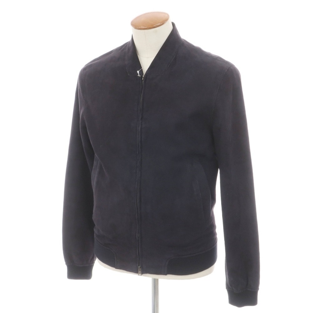 【中古】ヘルノ Herno ゴート スエード 山羊革 ボンディング加工 ダブルジップ レザーブルゾン ネイビー【サイズ46】【メンズ】