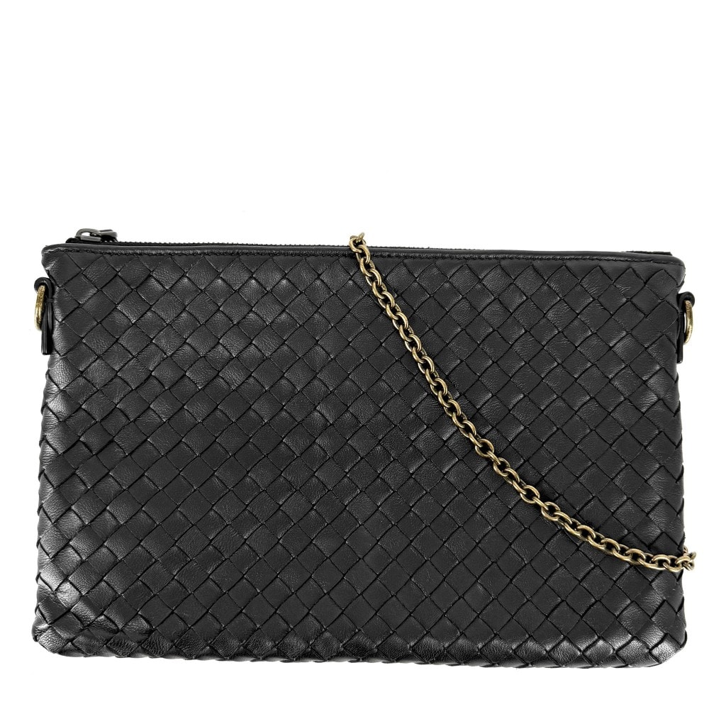 BOTTEGAVENETA ボッテガヴェネタ ショルダーバッグ イントレチャート チェーンショルダー 斜め掛け レザー ブラック 黒 アンティークゴールド金具 レディース【中古品】