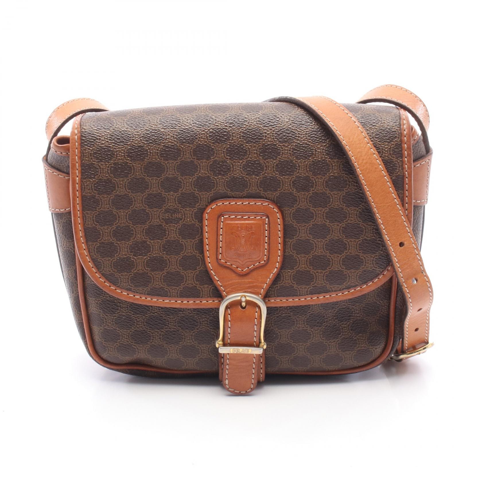 セリーヌ CELINE マカダム ショルダーバッグ バッグ PVCコーティングキャンバス レザー レディース ブラウン系 【中古】
