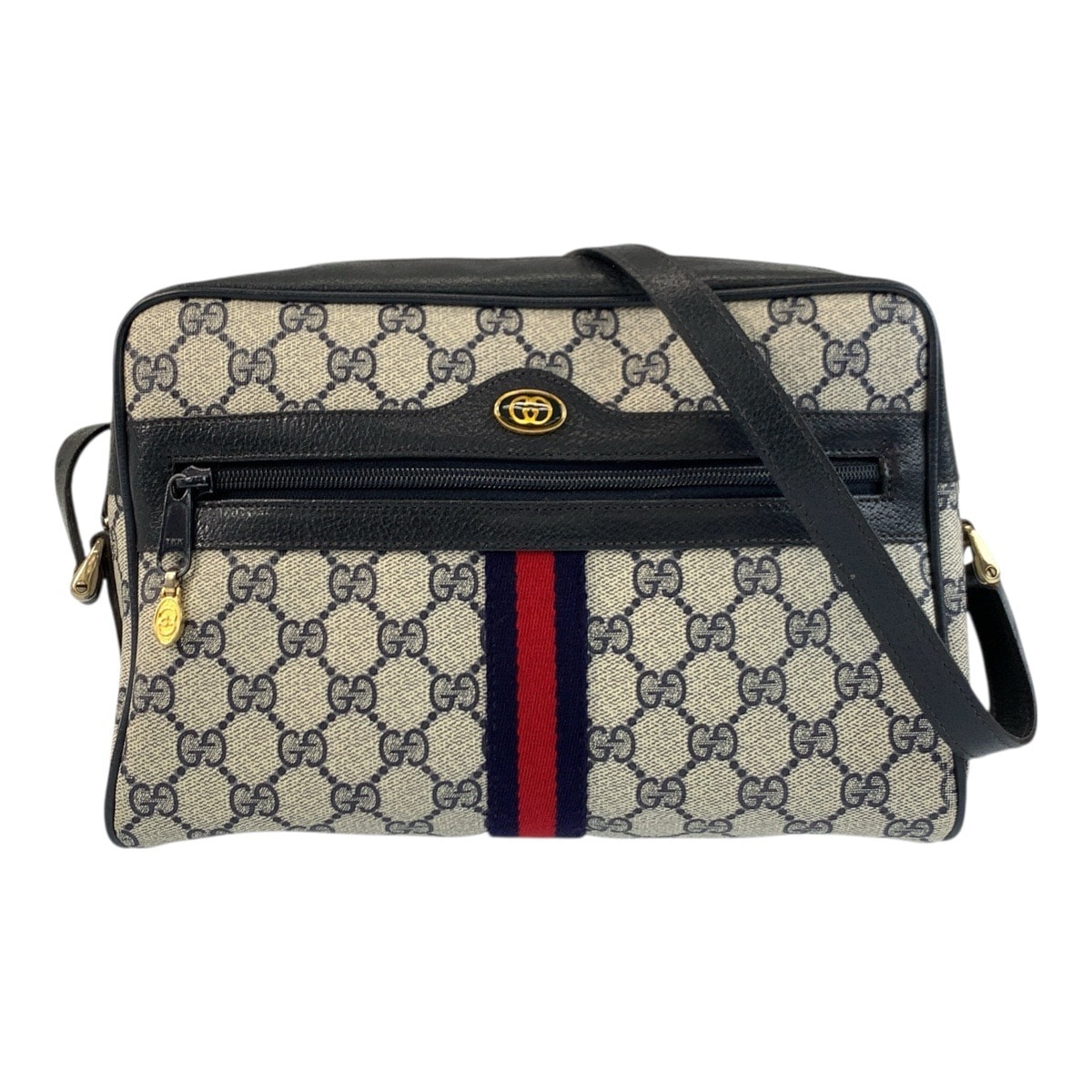 美品 GUCCI グッチ ヴィンテージ シェリーライン グレー ネイビー ゴールド金具 GGスプリームキャンバス レザー/ ショルダーバッグ ポシェット 505726 【中古】