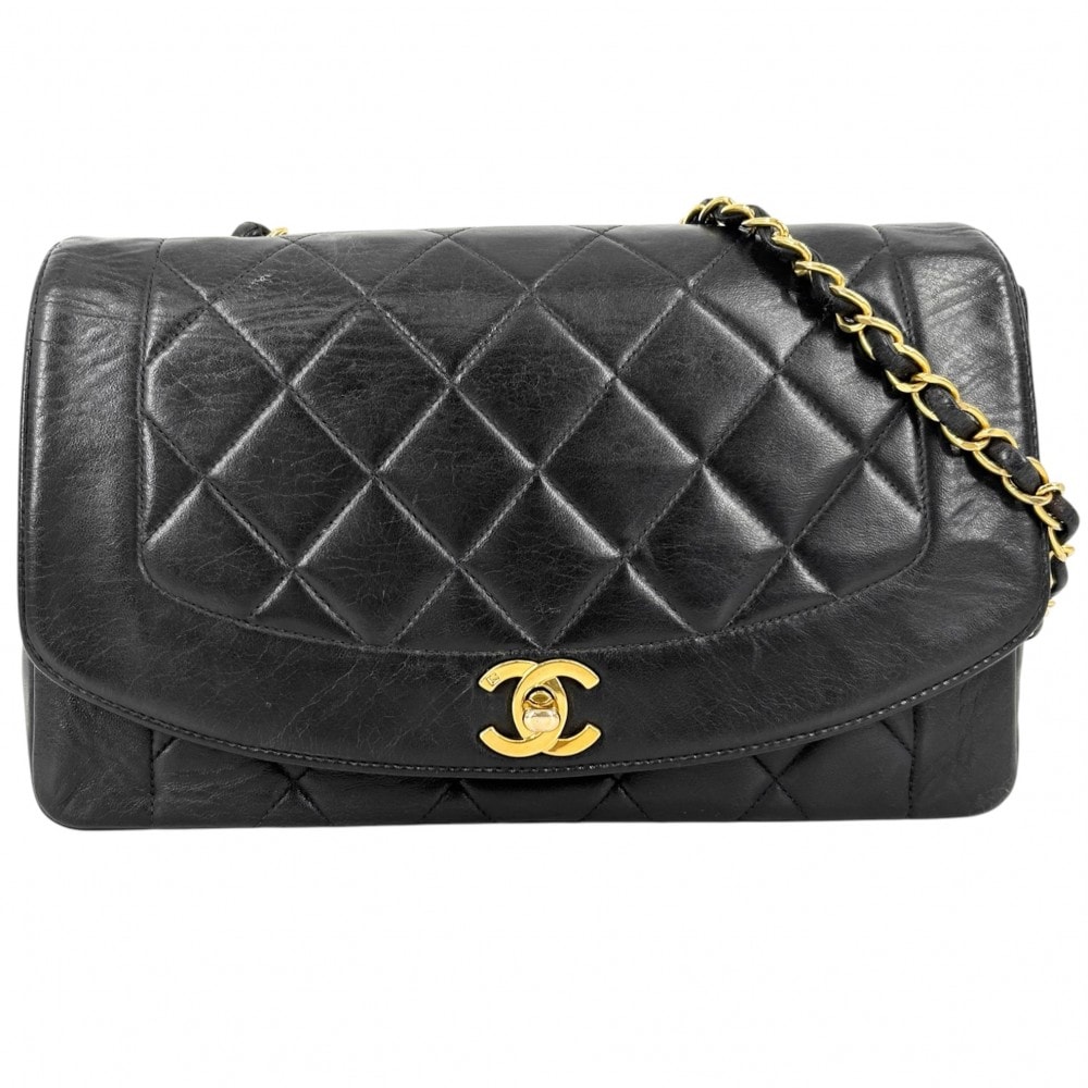 CHANEL シャネル ショルダーバッグ マトラッセ ダイアナ25 チェーン ココマーク 肩掛け 斜め掛け ココ ターンロック 鞄 かばん ラムスキン    ブラック 黒 ゴールド金具 レディース【中古品】