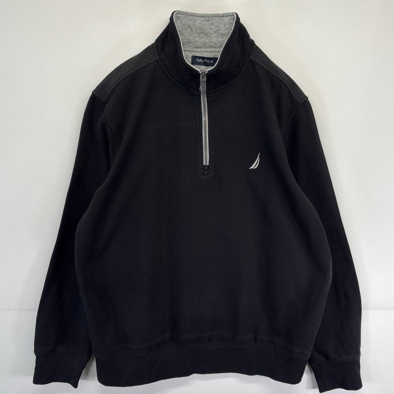 古着 ノーティカ NAUTICA スウェット トレーナー ハーフジップ プルオーバー  ナイロン切り替え ワンポイントロゴ L  ブラック メンズ