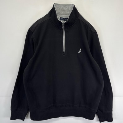 古着 ノーティカ NAUTICA スウェット トレーナー ハーフジップ プルオーバー ナイロン切り替え ワンポイントロゴ L ブラック メンズ