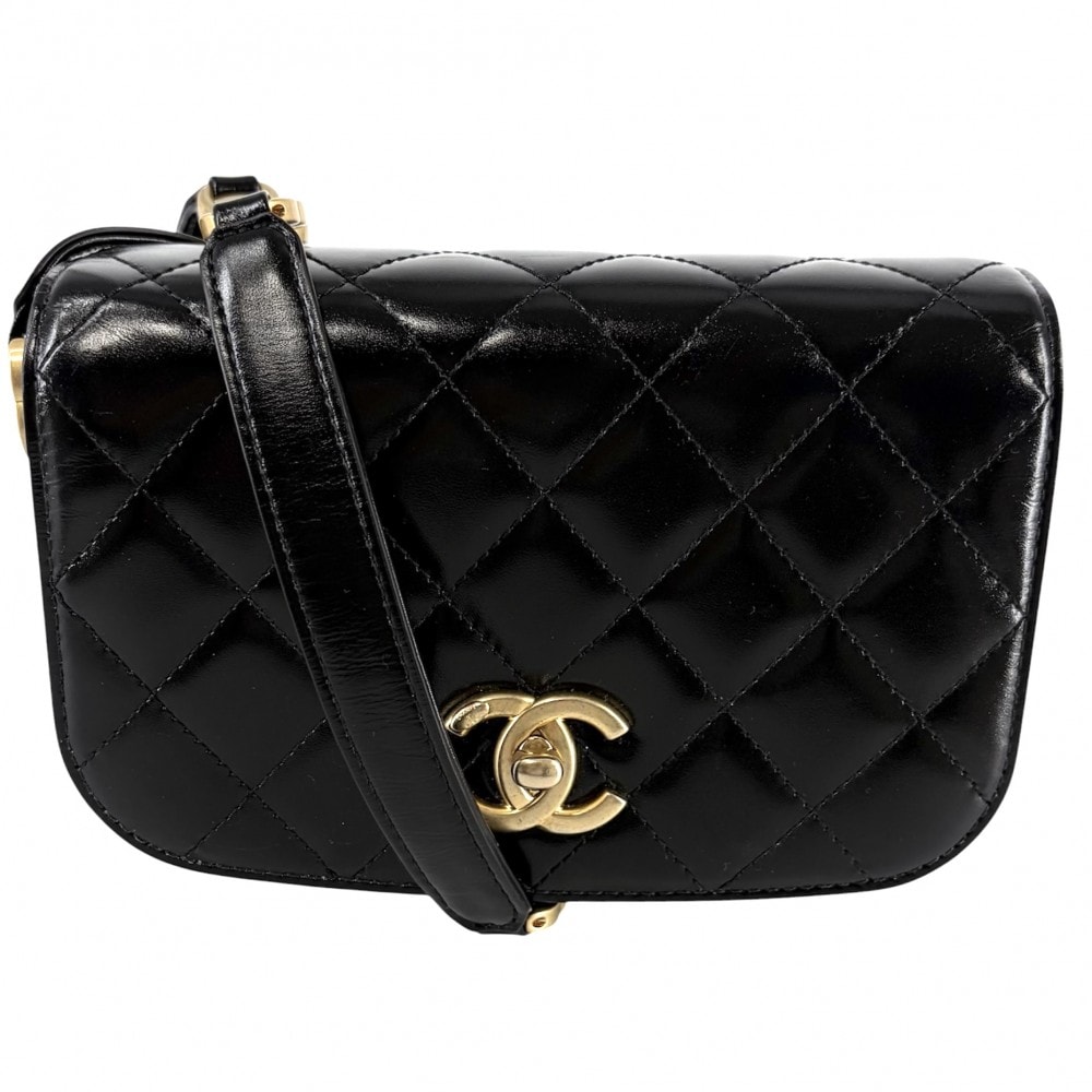 CHANEL シャネル ショルダーバッグ ミニマトラッセ チェーン ターンロック 肩掛け 斜め掛け Mini Matelasse ココマーク レザー  スエード   ブラック 黒 ゴールド金具 レディース【中古品】