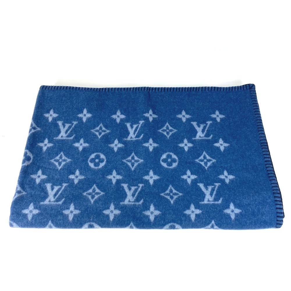 ルイヴィトン LOUIS VUITTON ロゴ M75689 モノグラム 毛布 インテリア ブランケット ウール ブルー 美品