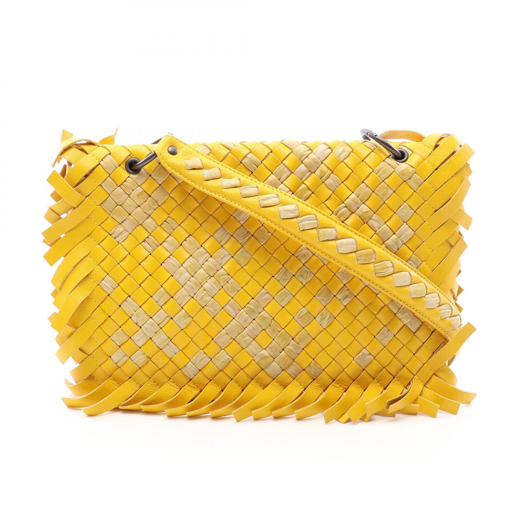 ボッテガヴェネタ BOTTEGA VENETA フリンジ イントレチャート ショルダーバッグ バッグ レザー レディース イエロー系 / ベージュ系 【中古】