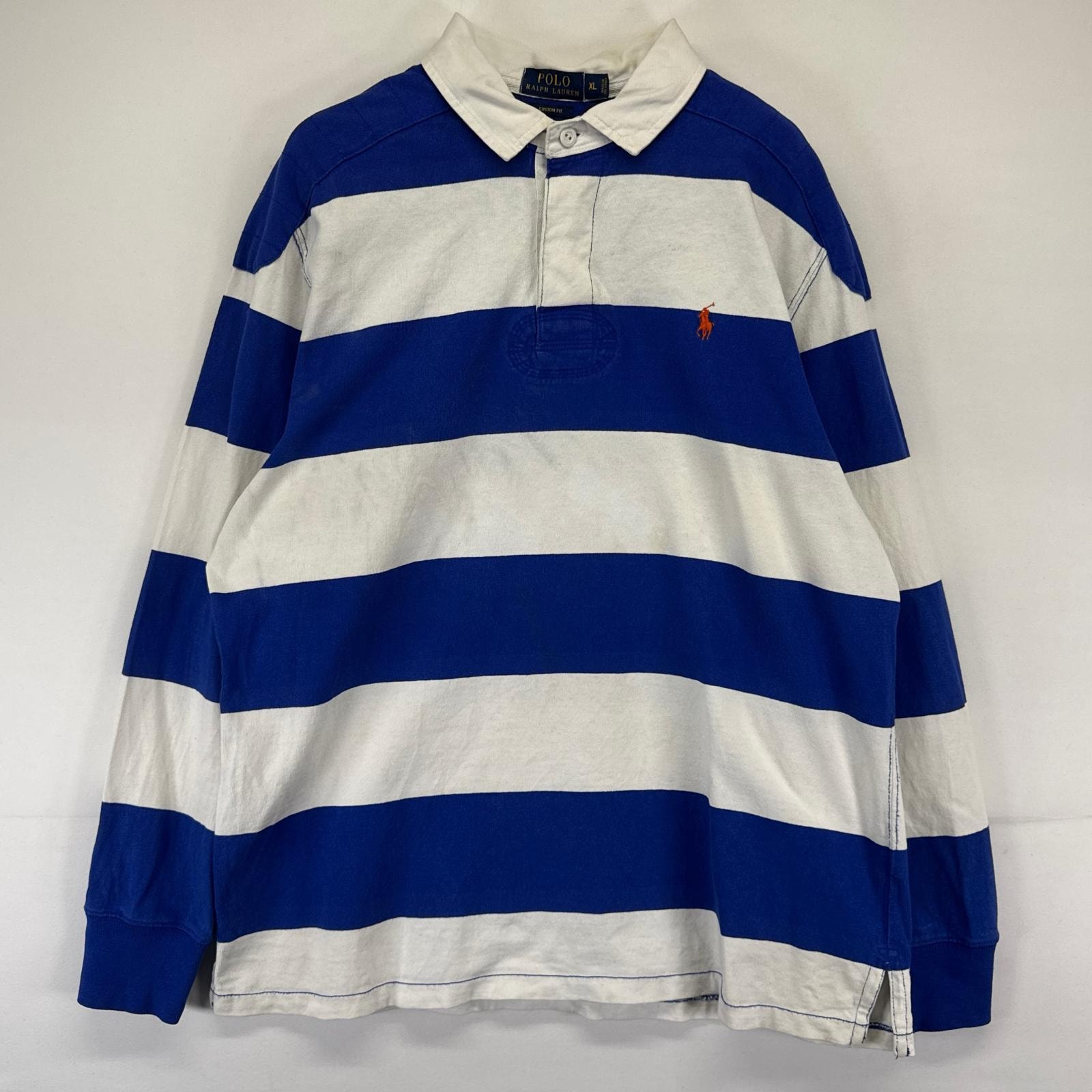 古着 ポロバイラルフローレン Polo by Ralph Lauren 長袖シャツ ラガーシャツ ワンポイント 刺繍 ブルー XL  ホワイト系 ボーダー メンズ