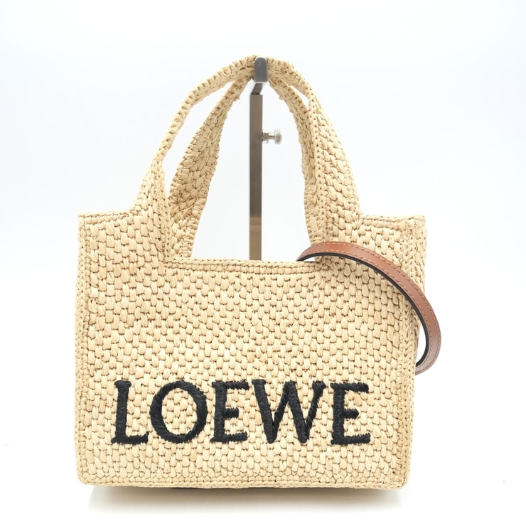 LOEWE(ロエベ)フォント トート スモール 2WAYトートバッグ ショルダーバッグ ラフィア ベージュ ブラックロゴ レザーストラップ レディース【中古】