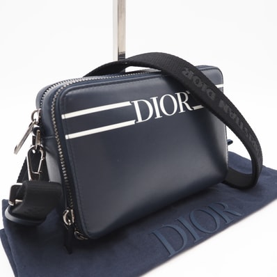 美品 Dior ディオール レザー DIORロゴ ウォレット オン ストラップ - ショルダーバッグ ネイビー レザー メンズ