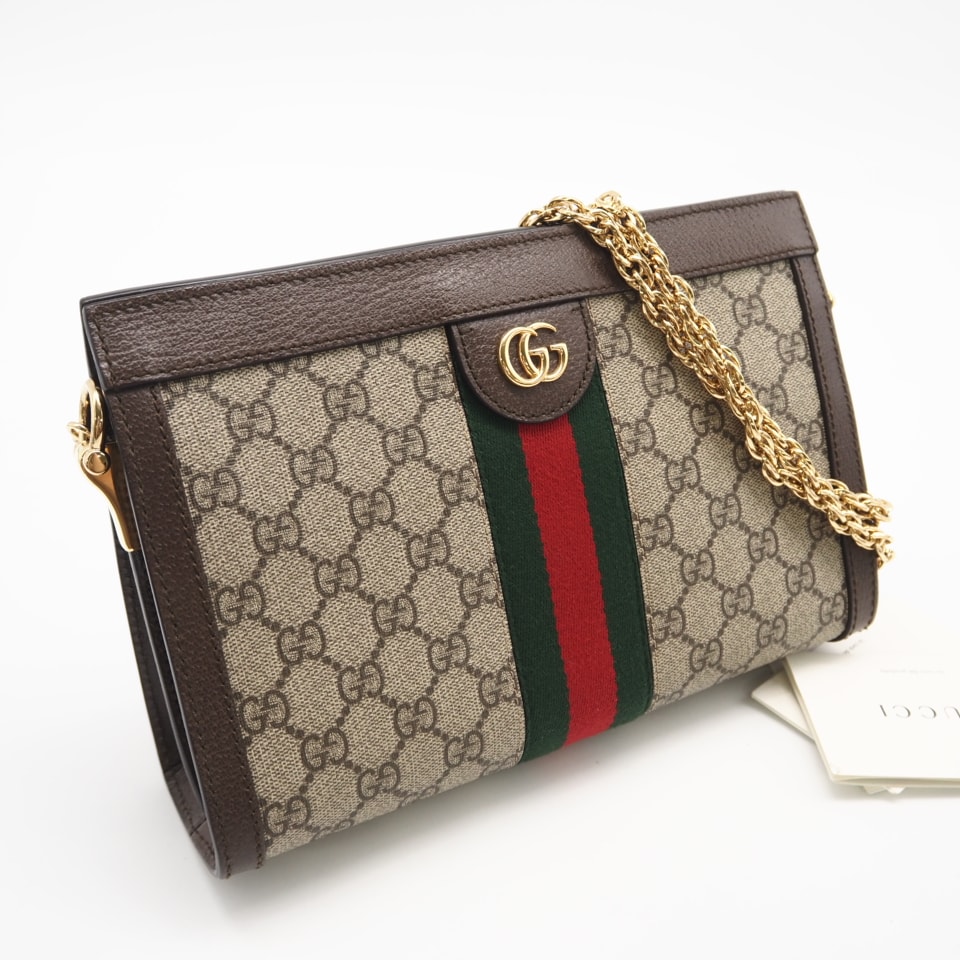 美品 GUCCI グッチ GGスプリーム オフィディア チェーンバッグ 503877 ショルダーバッグ ベージュ ブラウン コーティングキャンバス レザー レディース