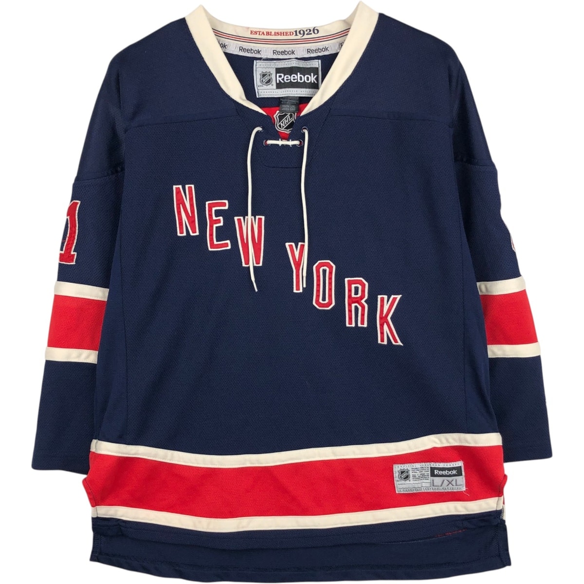 古着 リーボック Reebok NHL NEW YORK RANGERS ニューヨークレンジャーズ 八分袖 レースアップ ゲームシャツ ホッケーシャツ レディースM相当/eaa641898