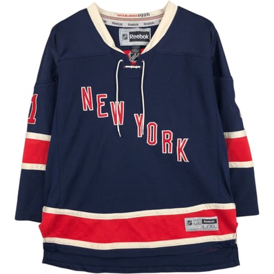 古着 リーボック Reebok NHL NEW YORK RANGERS ニューヨークレンジャーズ 八分袖 レースアップ ゲームシャツ ホッケーシャツ レディースM相当/eaa641898