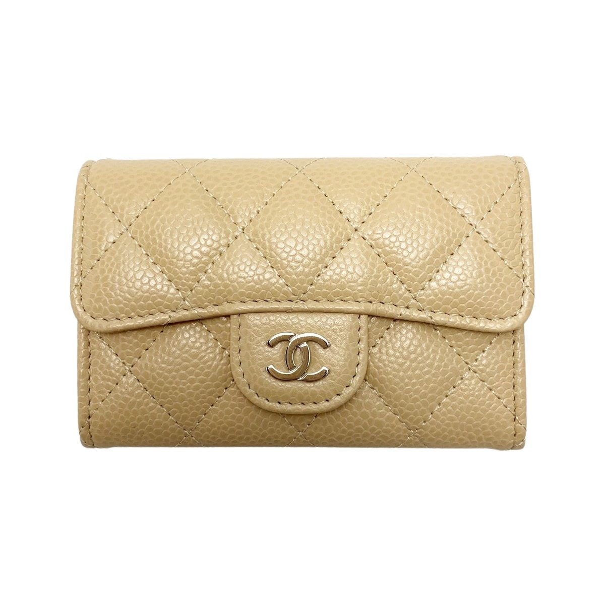 CHANEL シャネル カードケース ココマーク キャビアスキン ベージュ シルバー金具 レディース
