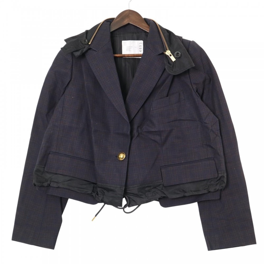 Sacai サカイ ジャケット 異素材ドッキングジャケット チェック 服  ネイビー 紺 ゴールド金具 コットン    レディース 春 秋 美品【中古品】