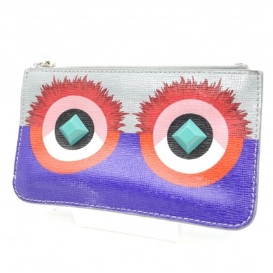 FENDI(フェンディ)バッグバグズ モンスター アイ キーポーチ ヴィンテージ レザー コインケース 小物入れ ライトブルー マルチカラー シルバー金具 【中古】