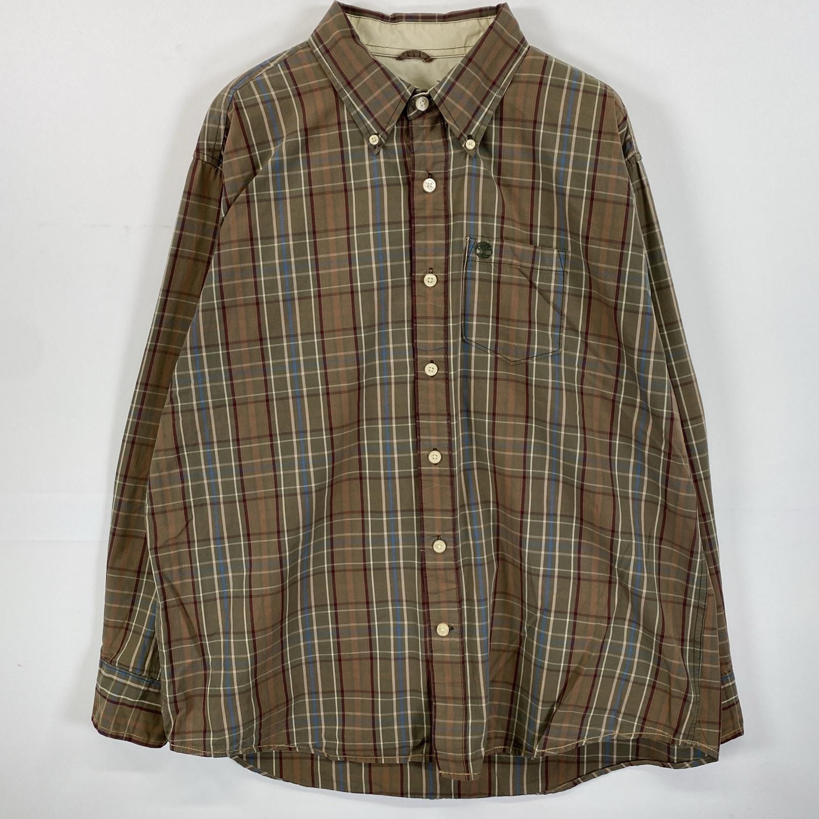 古着 ティンバーランド Timberland 長袖シャツ ボタンダウン ワンポイントロゴ刺繍 ビックサイズ XL ブラウン系 チェック メンズ