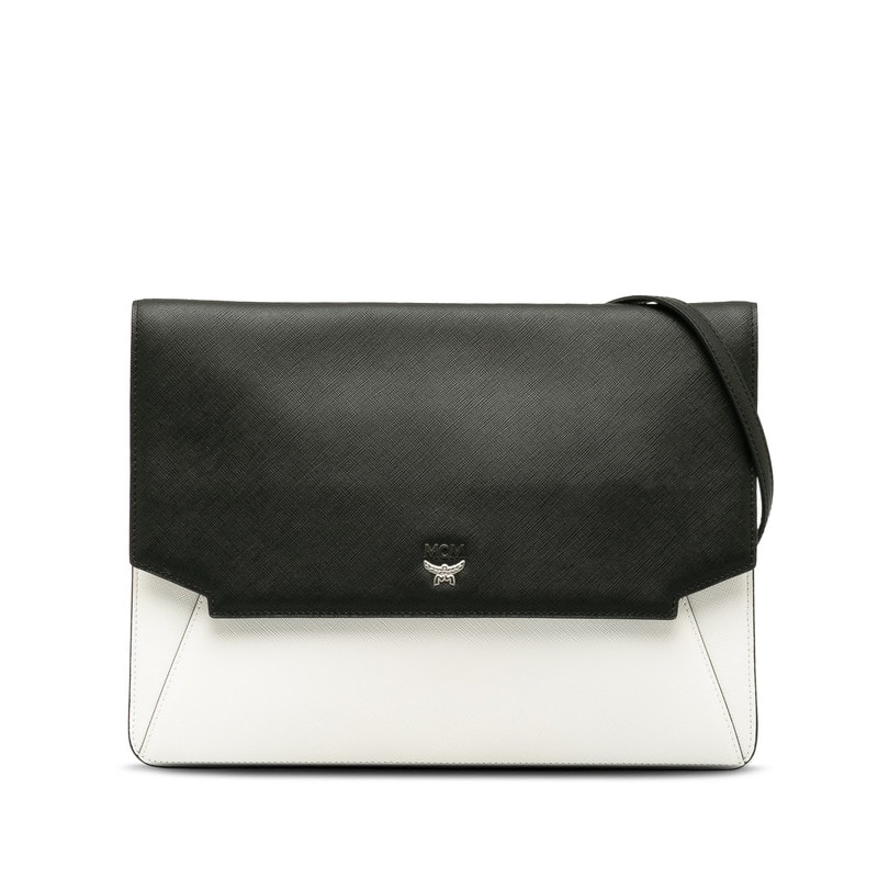 エム シー エム フラット ショルダーバッグ ブラック ホワイト レザー レディース MCM 中古