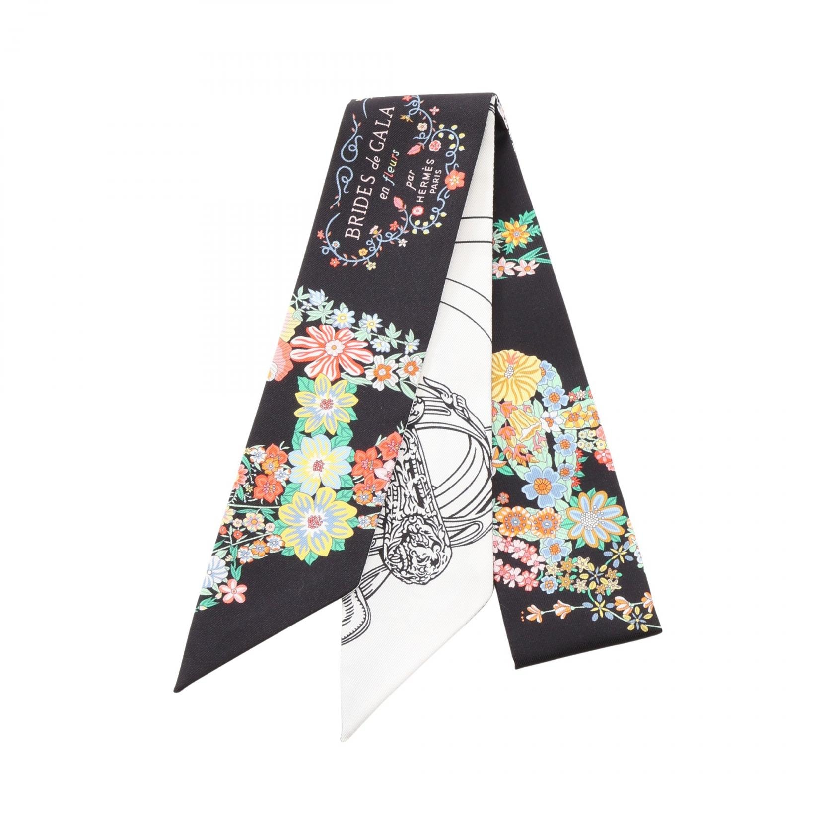 エルメス HERMES ツイリー Brides de Gala en Fleurs アイライナー リボン スカーフ 衣料品 シルク シルク ホワイト レディース ブラック系 / ホワイト系 / マルチカラー 【中古】