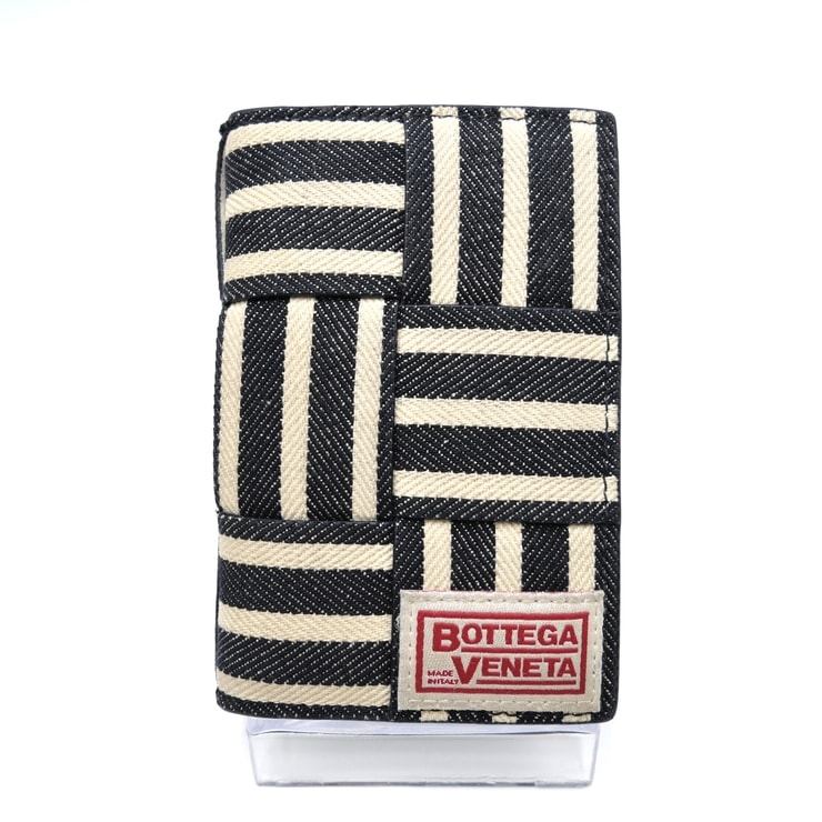 BOTTEGA VENETA(ボッテガ・ヴェネタ)カセット 二つ折りウォレット カードケース コンパクト財布 イントレチャート ストライプ ネイビー ホワイト デニム キャンバス レザー レディース メンズ ユニセックス【中古】